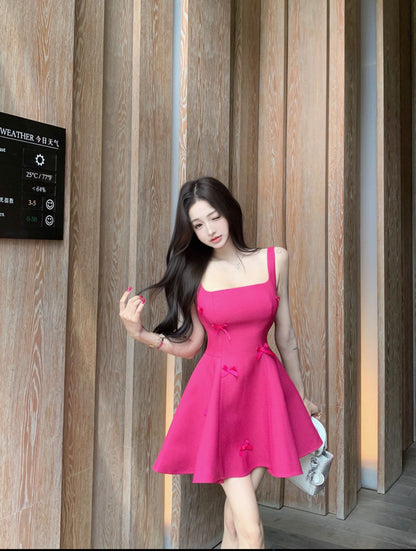 Vibrant Hot Pink Square Neck Flared Mini Dress Hot Girls Bow Accents for Date Nights Short Dress AP2052
