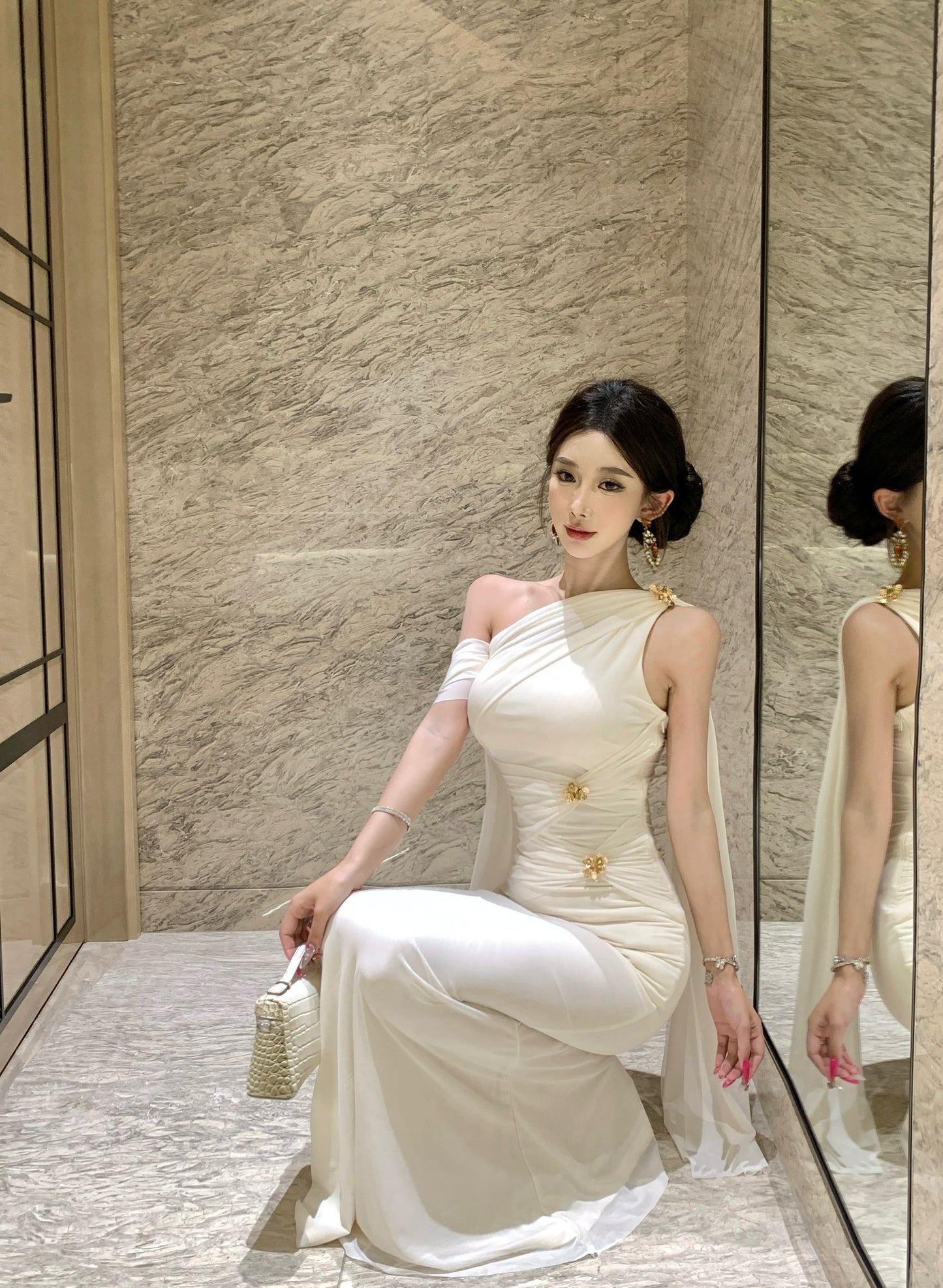 Elegant Satin Texture Drape Sleeves Gold Accents Maxi Dress Gorgeous White One-Shoulder Mermaid Hem Long Dress AP2053