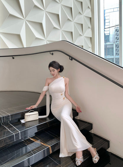 Elegant Satin Texture Drape Sleeves Gold Accents Maxi Dress Gorgeous White One-Shoulder Mermaid Hem Long Dress AP2053