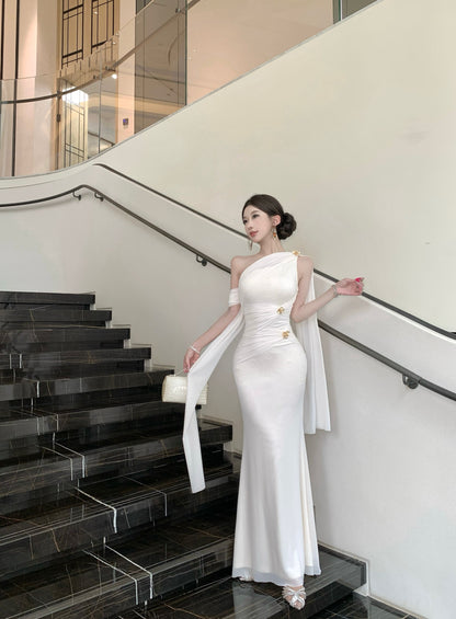 Elegant Satin Texture Drape Sleeves Gold Accents Maxi Dress Gorgeous White One-Shoulder Mermaid Hem Long Dress AP2053