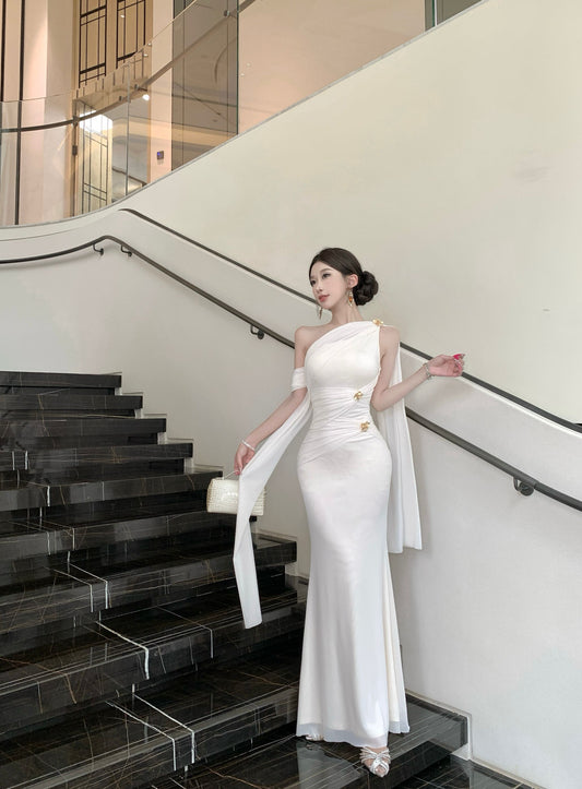 Elegant Satin Texture Drape Sleeves Gold Accents Maxi Dress Gorgeous White One-Shoulder Mermaid Hem Long Dress AP2053