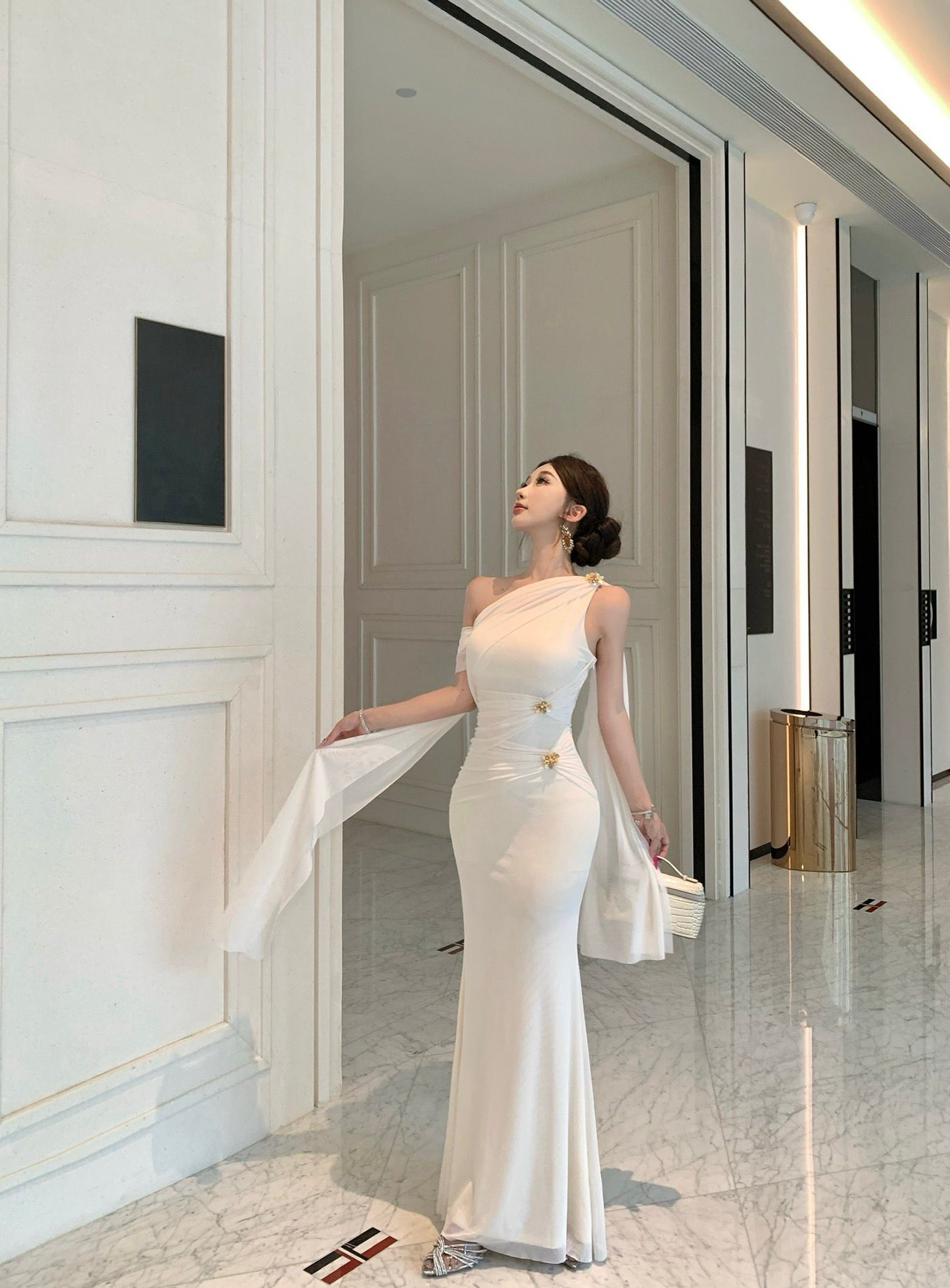 Elegant Satin Texture Drape Sleeves Gold Accents Maxi Dress Gorgeous White One-Shoulder Mermaid Hem Long Dress AP2053