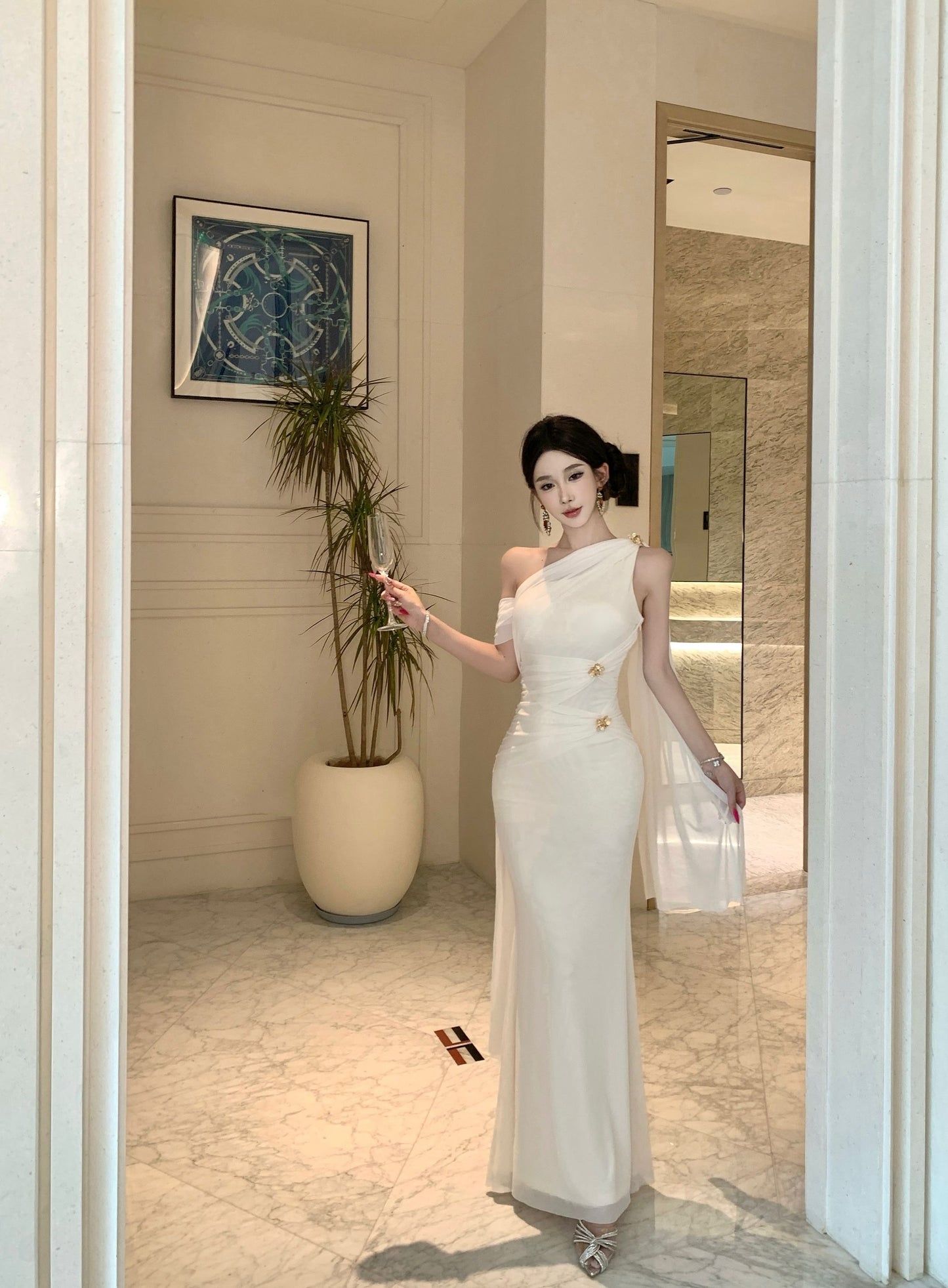 Elegant Satin Texture Drape Sleeves Gold Accents Maxi Dress Gorgeous White One-Shoulder Mermaid Hem Long Dress AP2053