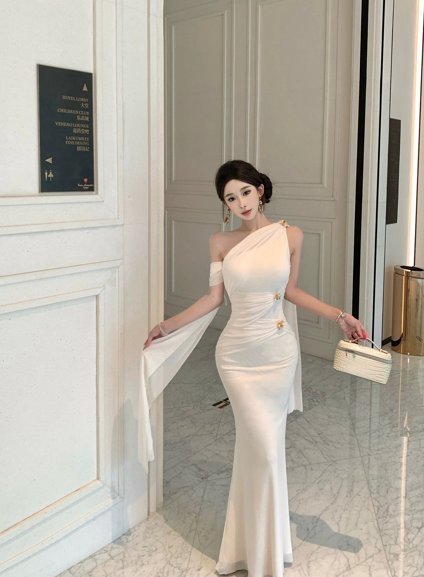 Elegant Satin Texture Drape Sleeves Gold Accents Maxi Dress Gorgeous White One-Shoulder Mermaid Hem Long Dress AP2053