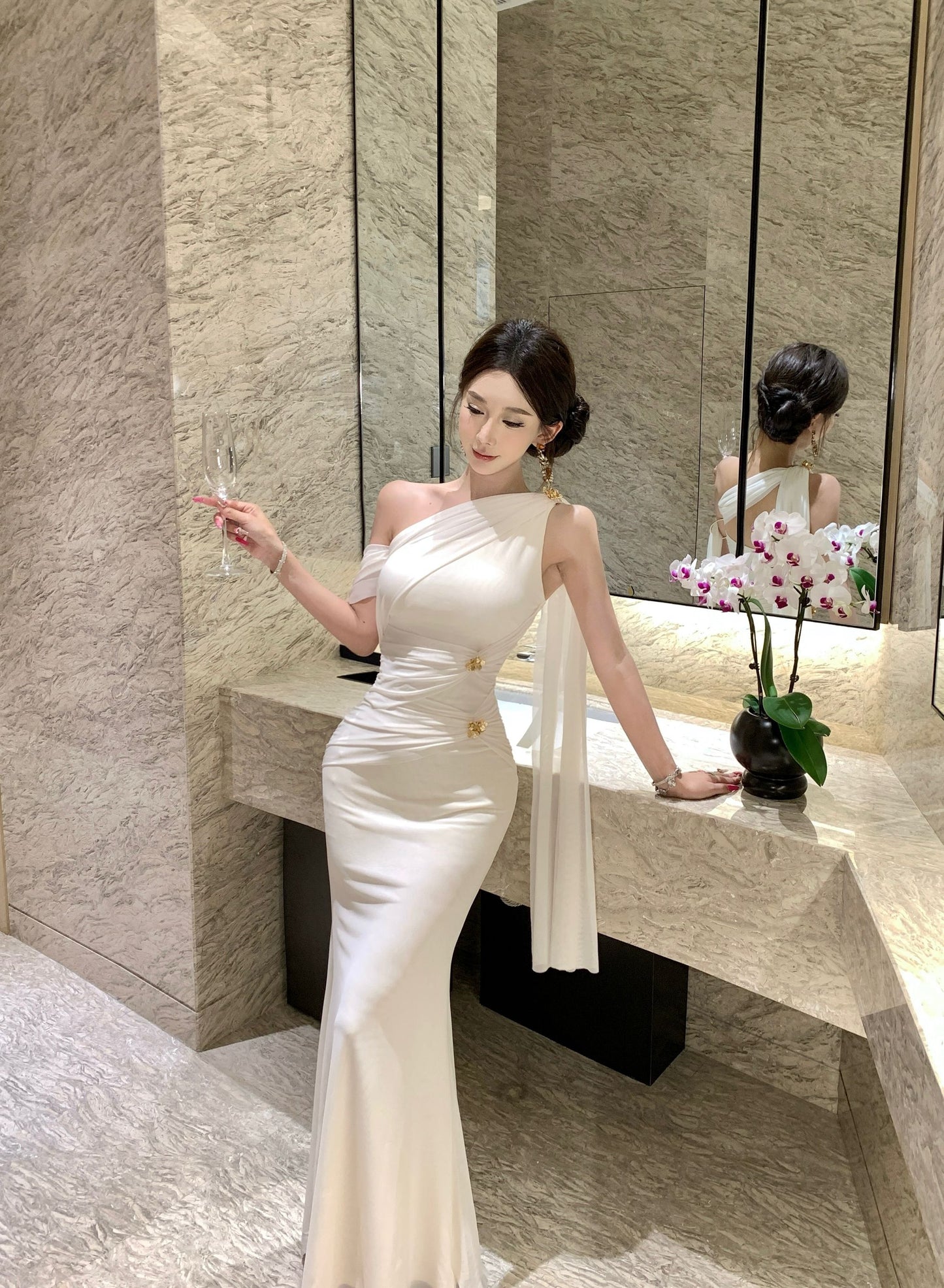 Elegant Satin Texture Drape Sleeves Gold Accents Maxi Dress Gorgeous White One-Shoulder Mermaid Hem Long Dress AP2053