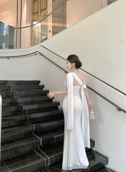 Elegant Satin Texture Drape Sleeves Gold Accents Maxi Dress Gorgeous White One-Shoulder Mermaid Hem Long Dress AP2053