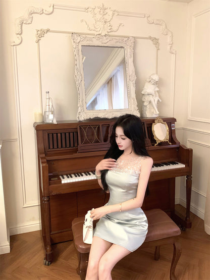 Charming Floral Embroidery Light Green Satin Mini Skirt Casual Rhinestone Neckline Sheer Mesh Trimmed Short Dress AP2054