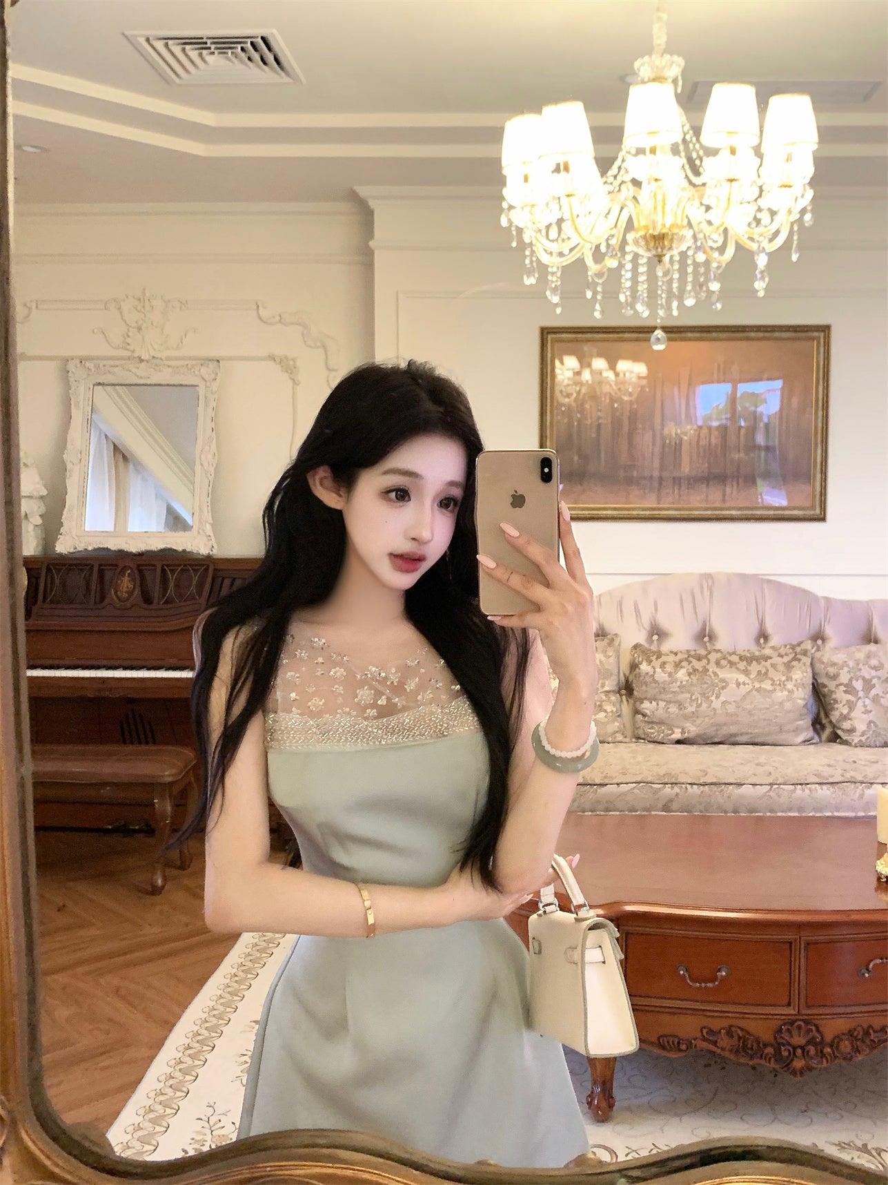 Charming Floral Embroidery Light Green Satin Mini Skirt Casual Rhinestone Neckline Sheer Mesh Trimmed Short Dress AP2054