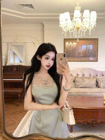 Charming Floral Embroidery Light Green Satin Mini Skirt Casual Rhinestone Neckline Sheer Mesh Trimmed Short Dress AP2054