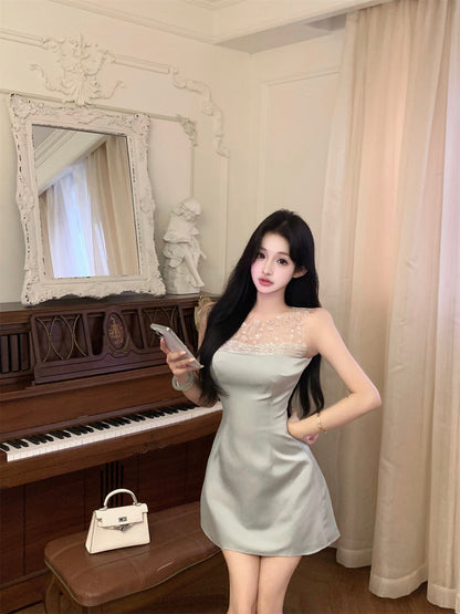 Charming Floral Embroidery Light Green Satin Mini Skirt Casual Rhinestone Neckline Sheer Mesh Trimmed Short Dress AP2054