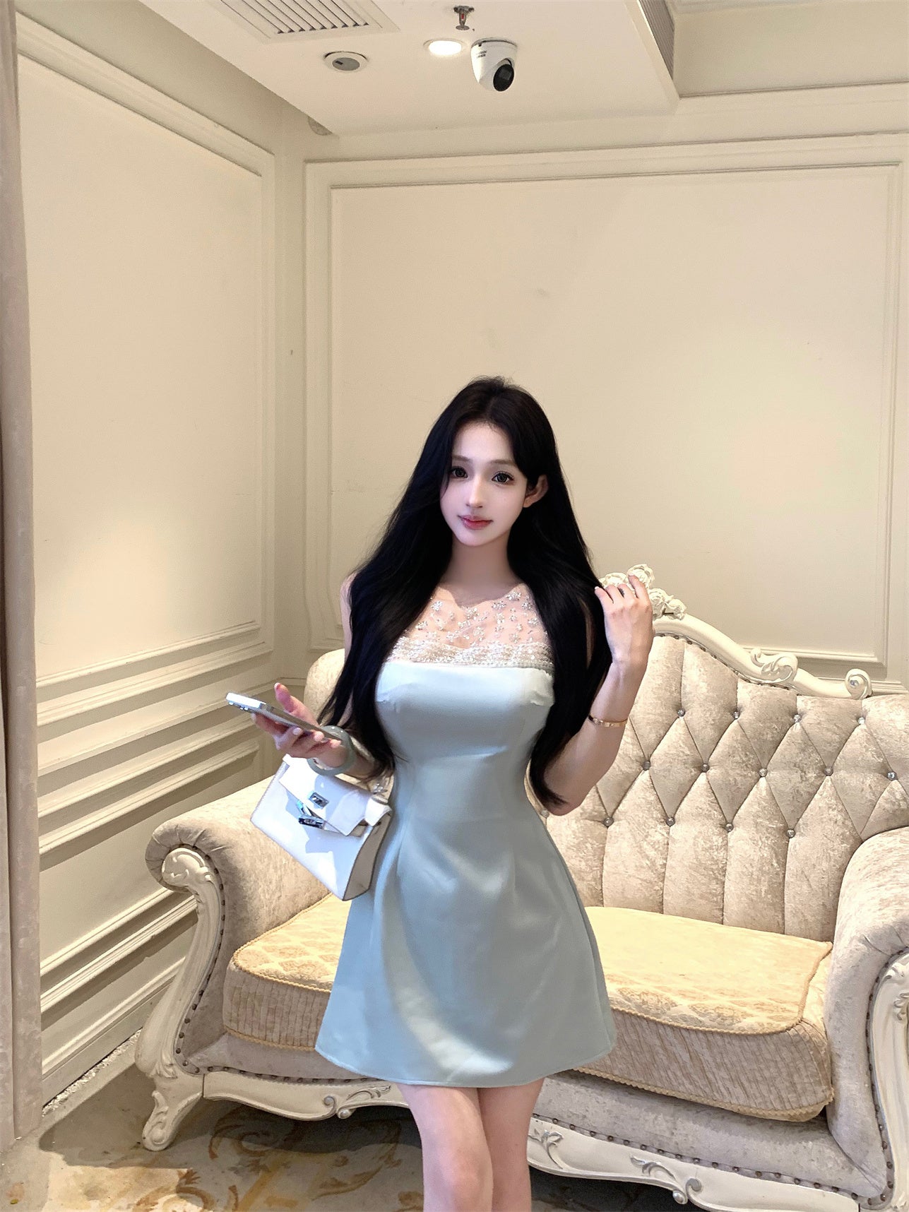 Charming Floral Embroidery Light Green Satin Mini Skirt Casual Rhinestone Neckline Sheer Mesh Trimmed Short Dress AP2054