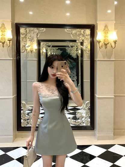 Charming Floral Embroidery Light Green Satin Mini Skirt Casual Rhinestone Neckline Sheer Mesh Trimmed Short Dress AP2054