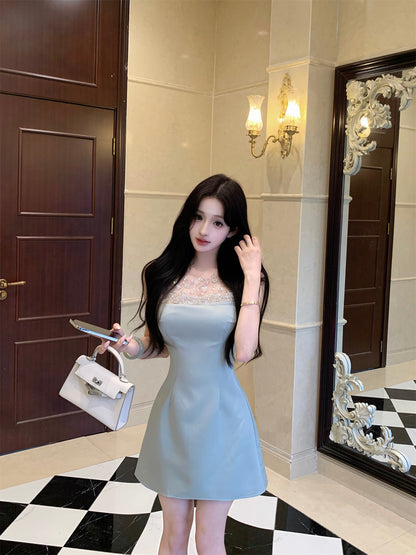 Charming Floral Embroidery Light Green Satin Mini Skirt Casual Rhinestone Neckline Sheer Mesh Trimmed Short Dress AP2054