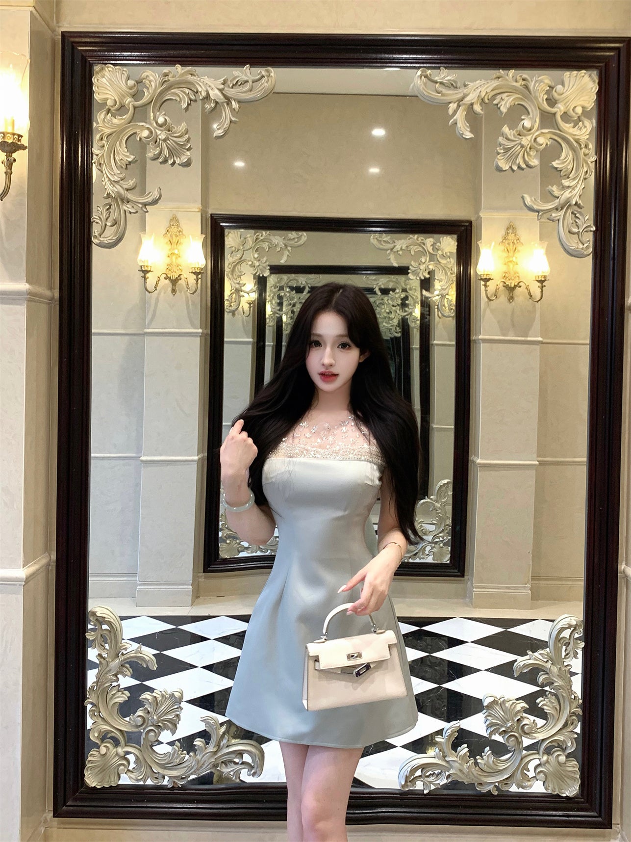 Charming Floral Embroidery Light Green Satin Mini Skirt Casual Rhinestone Neckline Sheer Mesh Trimmed Short Dress AP2054