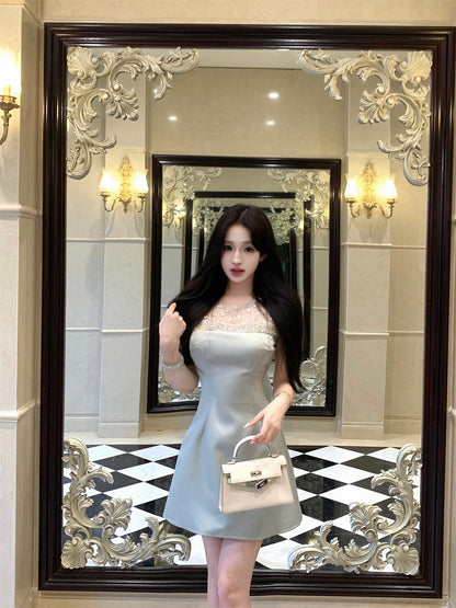 Charming Floral Embroidery Light Green Satin Mini Skirt Casual Rhinestone Neckline Sheer Mesh Trimmed Short Dress AP2054