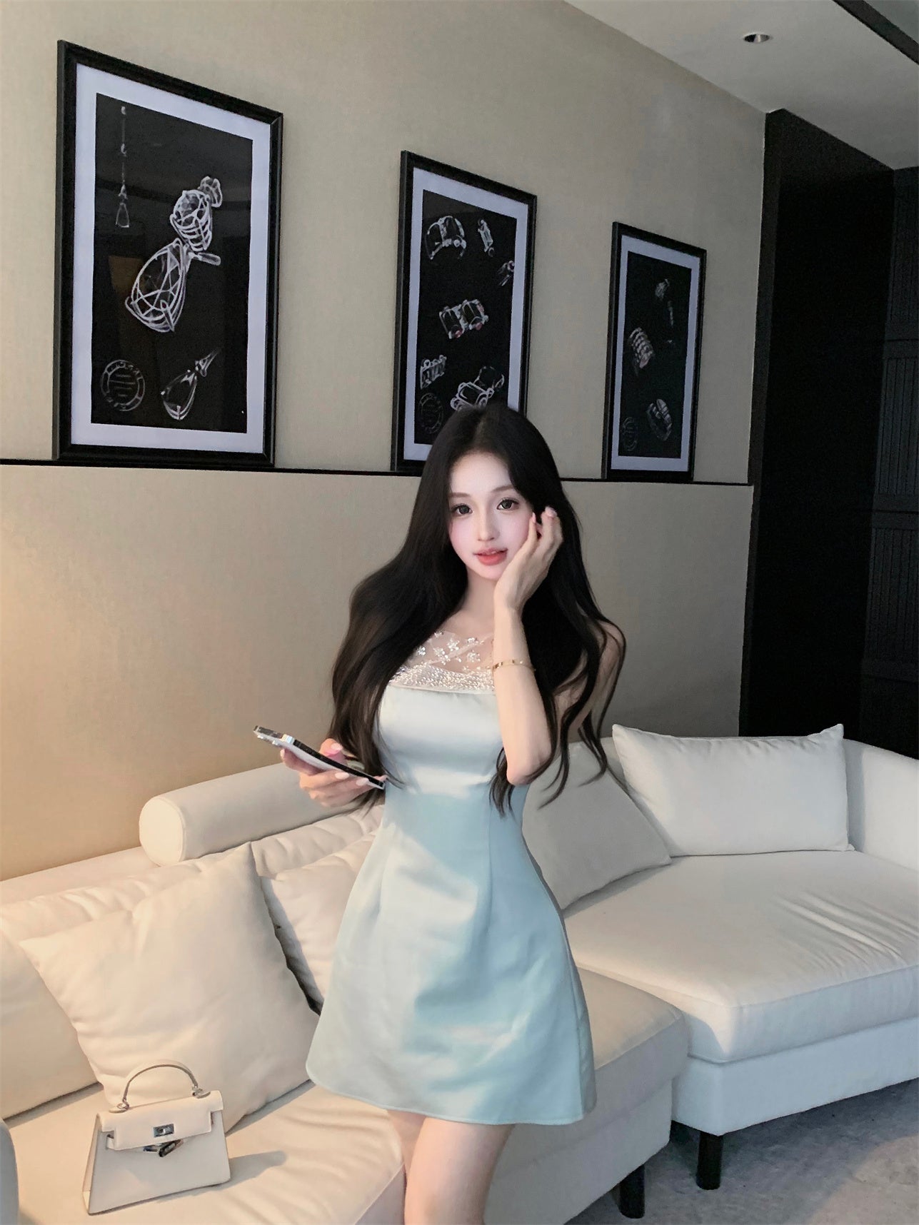 Charming Floral Embroidery Light Green Satin Mini Skirt Casual Rhinestone Neckline Sheer Mesh Trimmed Short Dress AP2054