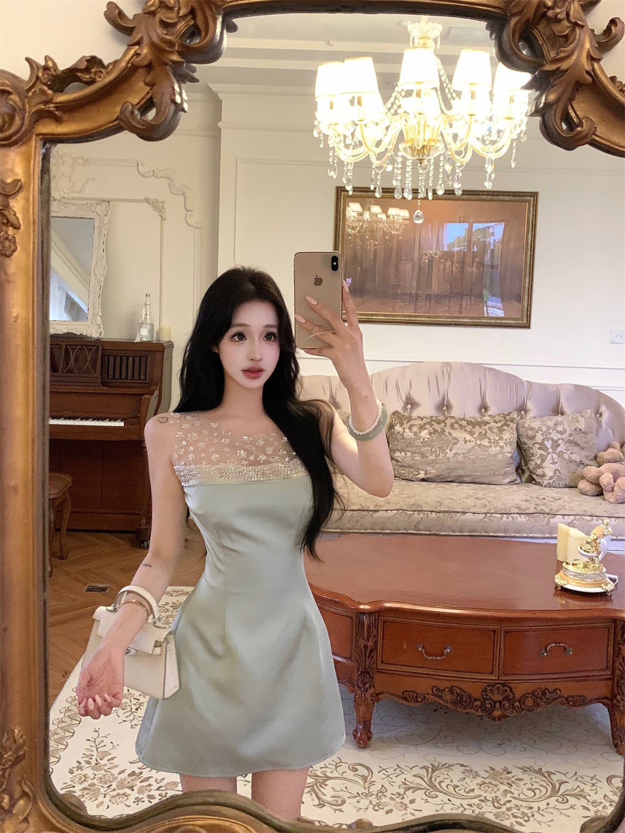 Charming Floral Embroidery Light Green Satin Mini Skirt Casual Rhinestone Neckline Sheer Mesh Trimmed Short Dress AP2054