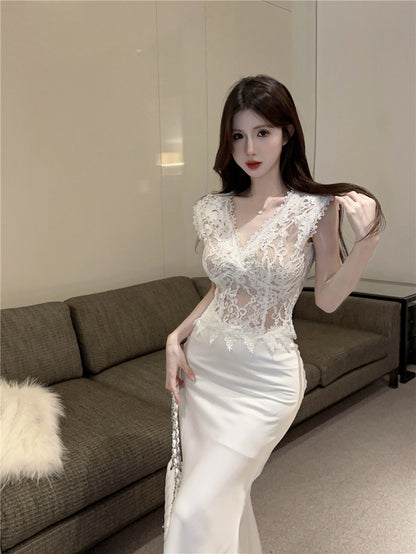 Graceful Lace Splicing Satin Mermaid Maxi Dress Glamorous Open Back V-Neck 2-Piece Set Long Dress AP2055