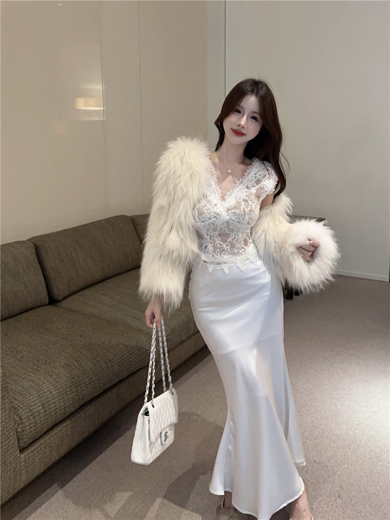 Graceful Lace Splicing Satin Mermaid Maxi Dress Glamorous Open Back V-Neck 2-Piece Set Long Dress AP2055