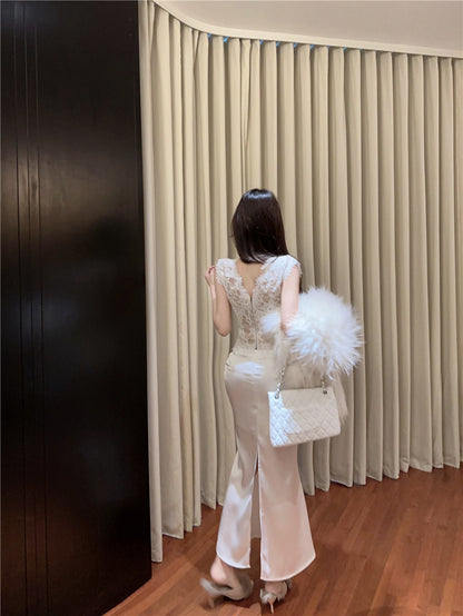 Graceful Lace Splicing Satin Mermaid Maxi Dress Glamorous Open Back V-Neck 2-Piece Set Long Dress AP2055