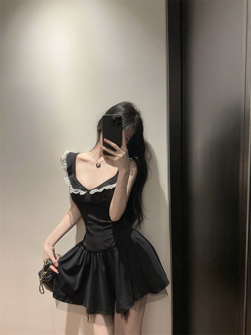 Hot Girls Summer Outfit Black Sleeveless Mini Dress White Lace Trim Ruffles Tulle Short Dress AP2056