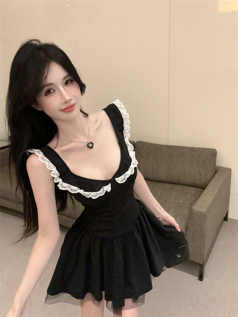 Hot Girls Summer Outfit Black Sleeveless Mini Dress White Lace Trim Ruffles Tulle Short Dress AP2056