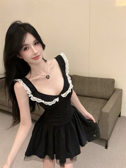 Hot Girls Summer Outfit Black Sleeveless Mini Dress White Lace Trim Ruffles Tulle Short Dress AP2056