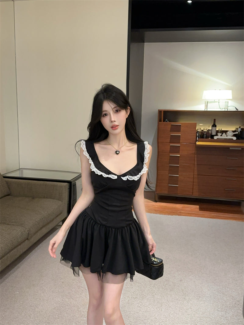 Hot Girls Summer Outfit Black Sleeveless Mini Dress White Lace Trim Ruffles Tulle Short Dress AP2056