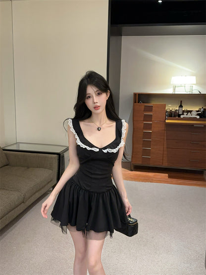 Hot Girls Summer Outfit Black Sleeveless Mini Dress White Lace Trim Ruffles Tulle Short Dress AP2056