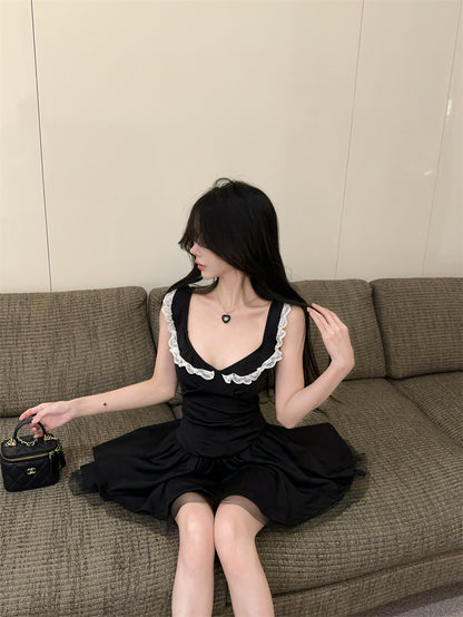 Hot Girls Summer Outfit Black Sleeveless Mini Dress White Lace Trim Ruffles Tulle Short Dress AP2056