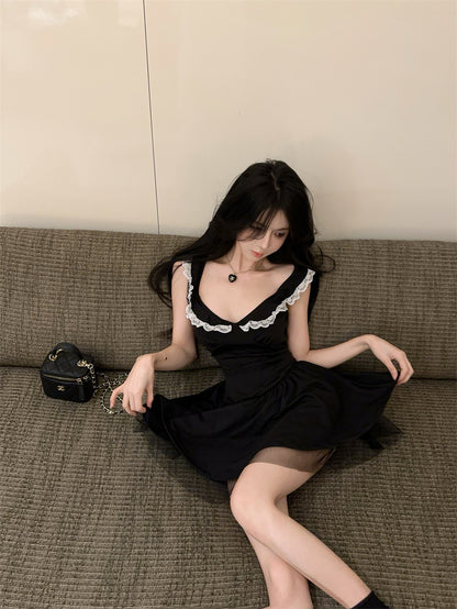 Hot Girls Summer Outfit Black Sleeveless Mini Dress White Lace Trim Ruffles Tulle Short Dress AP2056
