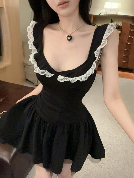 Hot Girls Summer Outfit Black Sleeveless Mini Dress White Lace Trim Ruffles Tulle Short Dress AP2056