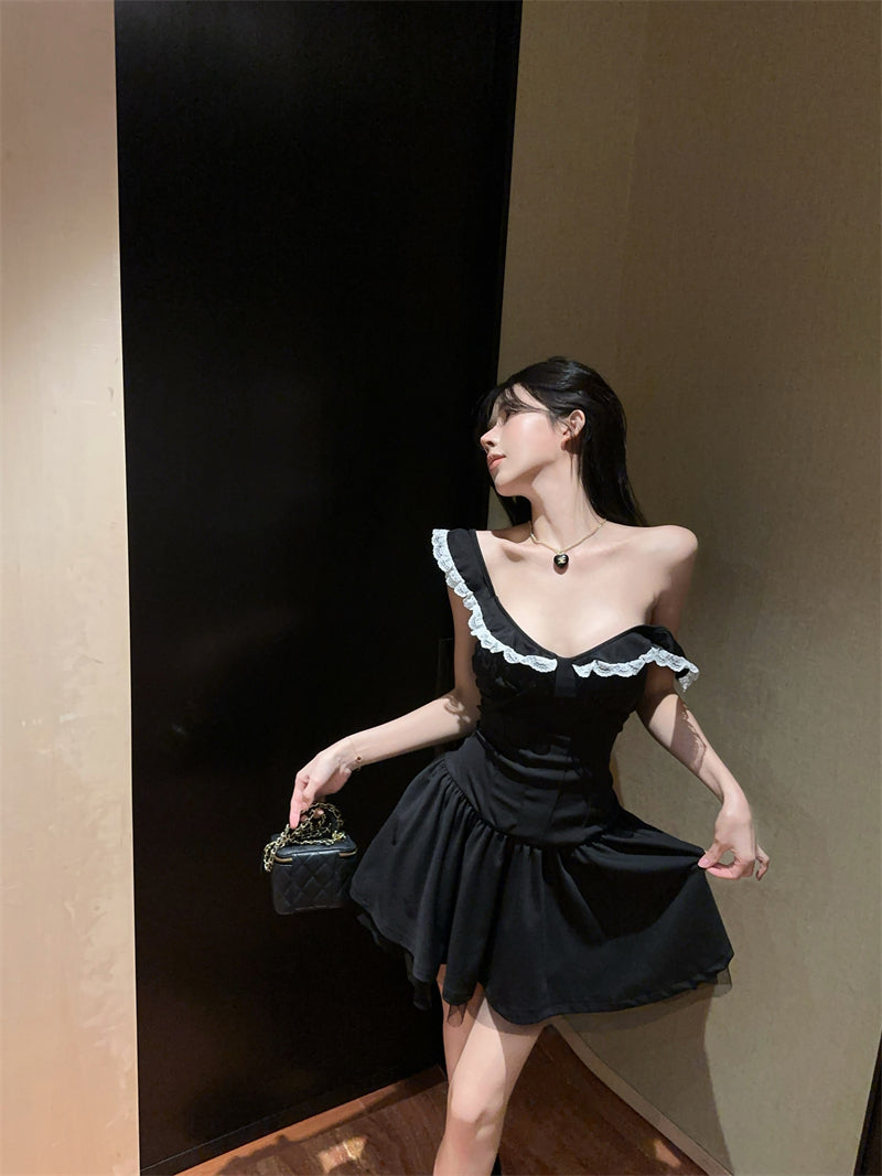 Hot Girls Summer Outfit Black Sleeveless Mini Dress White Lace Trim Ruffles Tulle Short Dress AP2056