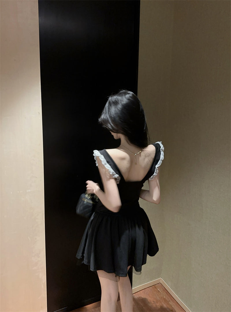 Hot Girls Summer Outfit Black Sleeveless Mini Dress White Lace Trim Ruffles Tulle Short Dress AP2056