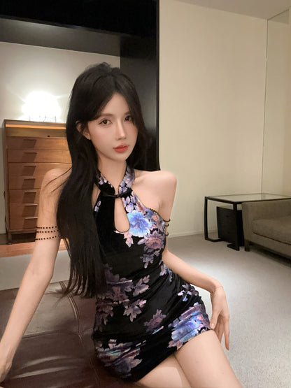 Oriental Style Floral Print Keyhole Cutout Mini Skirt Vintage Black Velvet Arm Chains Halter Short Dress AP2057