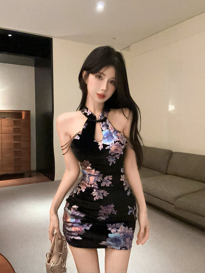 Oriental Style Floral Print Keyhole Cutout Mini Skirt Vintage Black Velvet Arm Chains Halter Short Dress AP2057