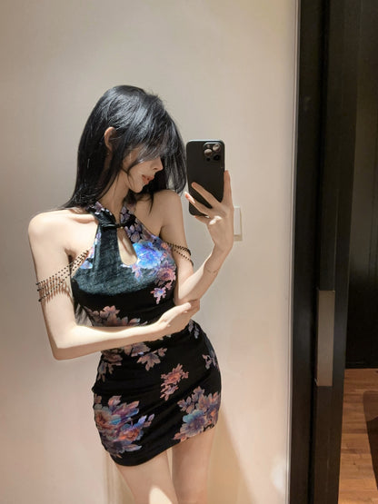 Oriental Style Floral Print Keyhole Cutout Mini Skirt Vintage Black Velvet Arm Chains Halter Short Dress AP2057