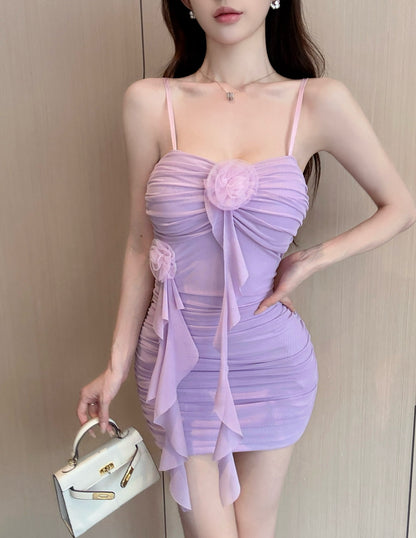 Elegant 3D Flower Appliques Ruffled Accents Mini Dress Chic Lavender Tulle Spaghetti Strap Short Dress AP2058