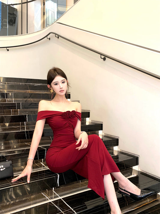 Alluring Red Off-Shoulder Bodycon High Slit Maxi Dress Charming 3D Flower Embellishment Sheath Long Dress AP2059