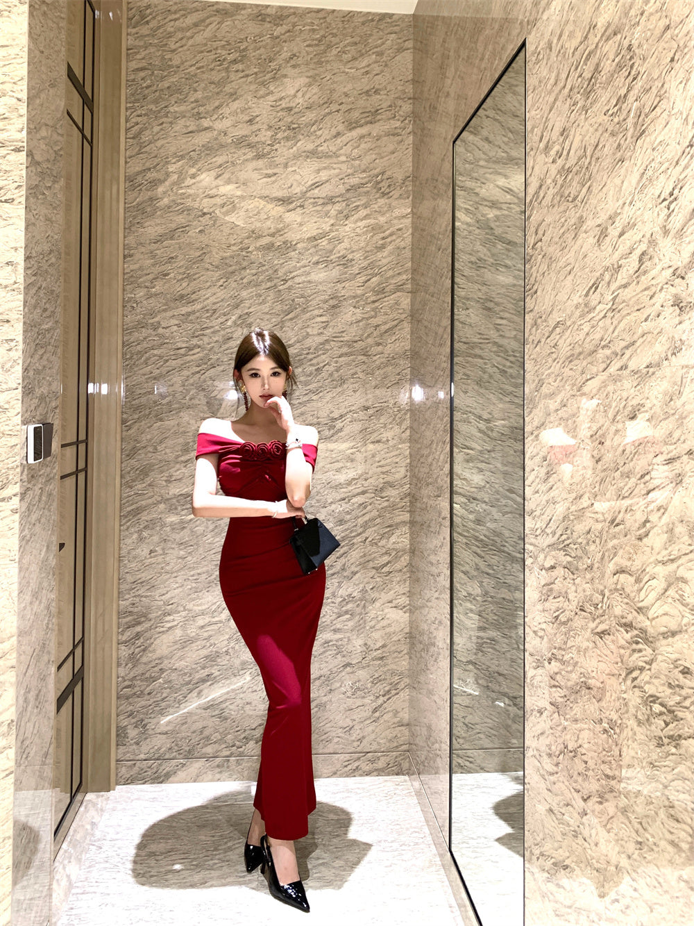 Alluring Red Off-Shoulder Bodycon High Slit Maxi Dress Charming 3D Flower Embellishment Sheath Long Dress AP2059