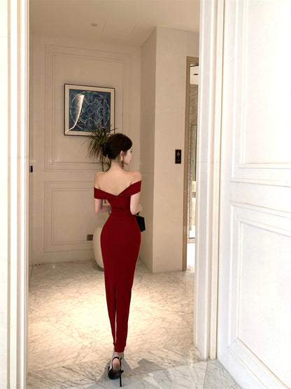 Alluring Red Off-Shoulder Bodycon High Slit Maxi Dress Charming 3D Flower Embellishment Sheath Long Dress AP2059