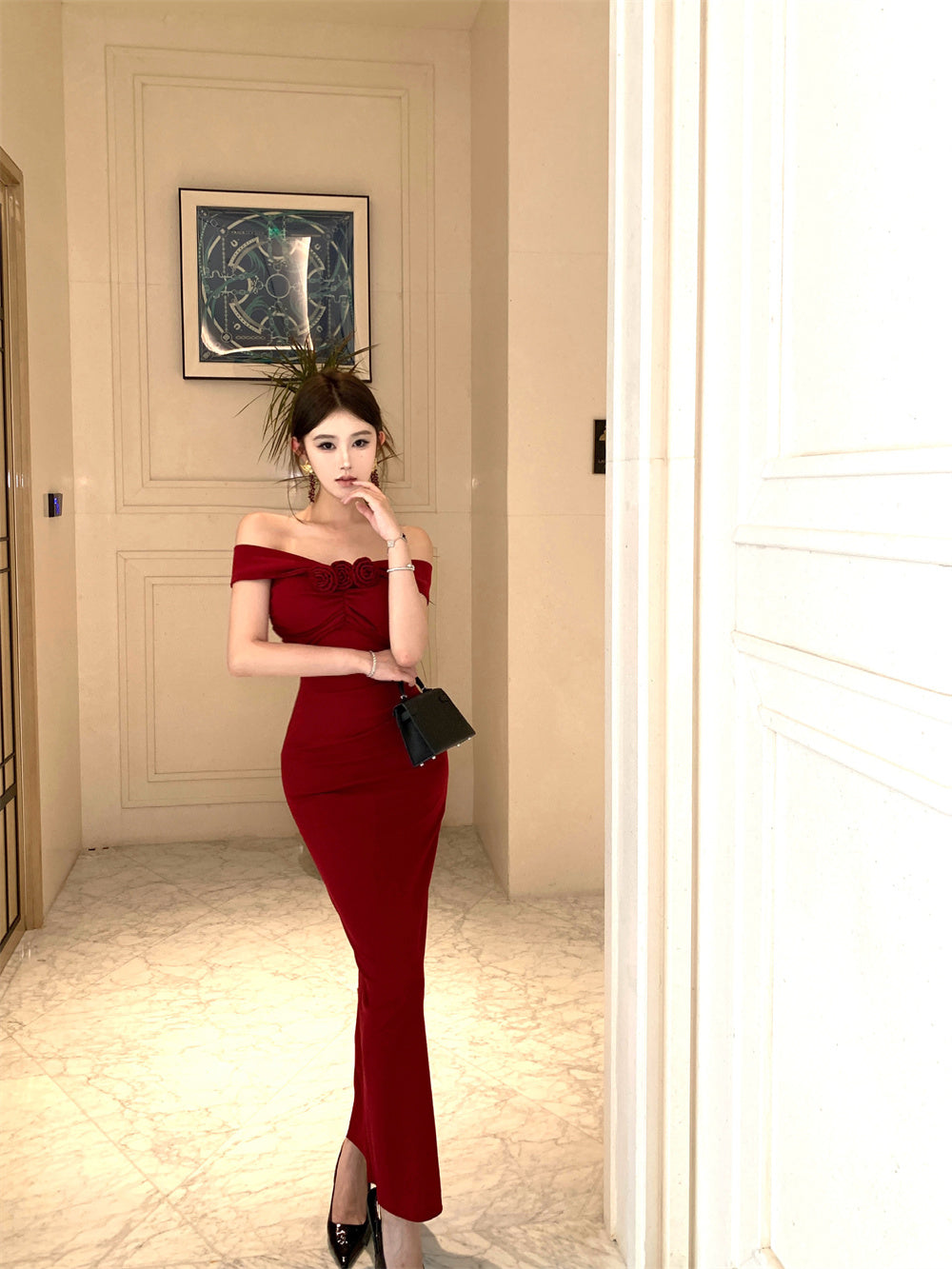 Alluring Red Off-Shoulder Bodycon High Slit Maxi Dress Charming 3D Flower Embellishment Sheath Long Dress AP2059