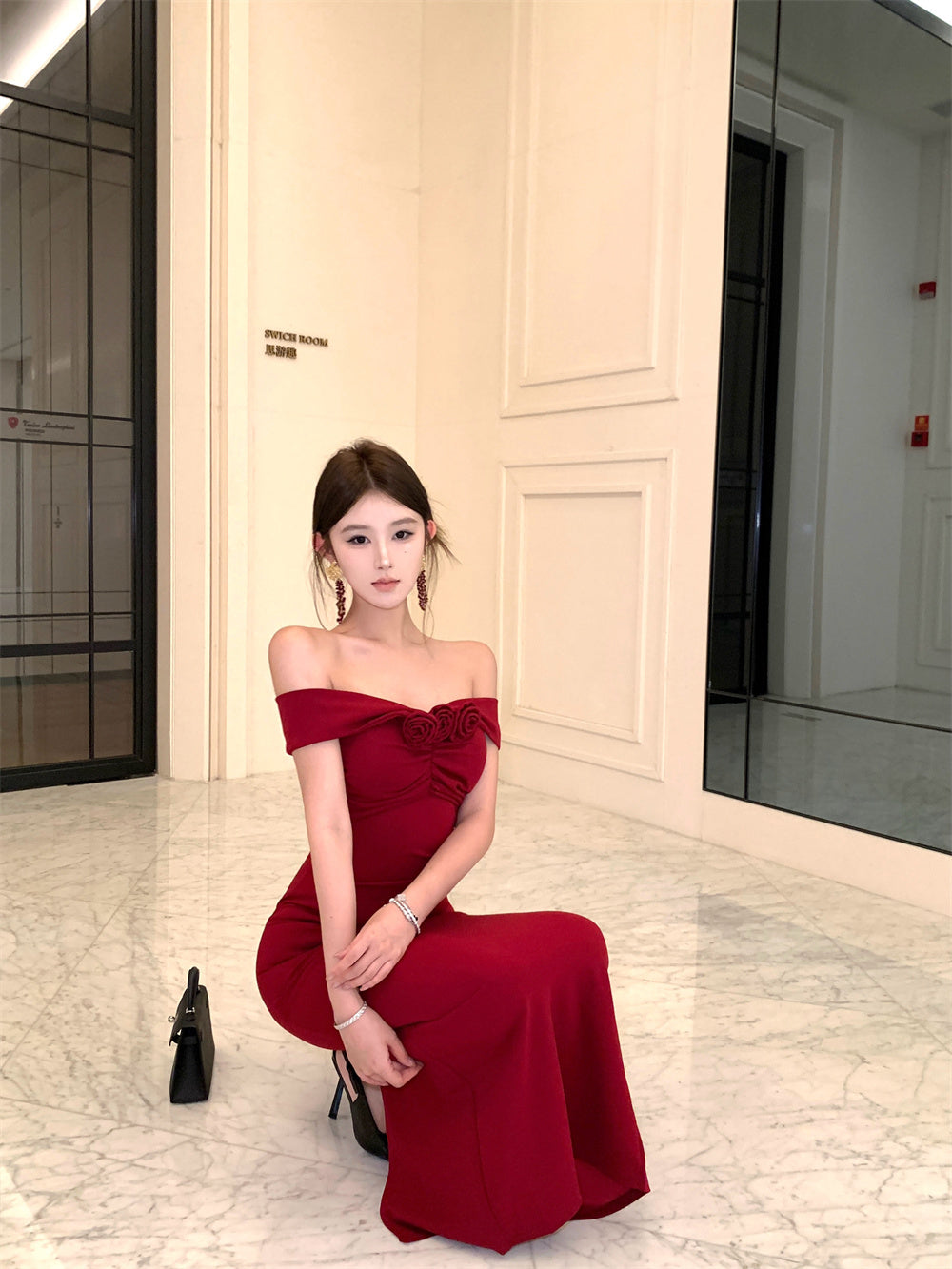 Alluring Red Off-Shoulder Bodycon High Slit Maxi Dress Charming 3D Flower Embellishment Sheath Long Dress AP2059