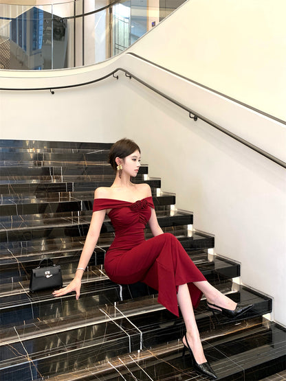 Alluring Red Off-Shoulder Bodycon High Slit Maxi Dress Charming 3D Flower Embellishment Sheath Long Dress AP2059