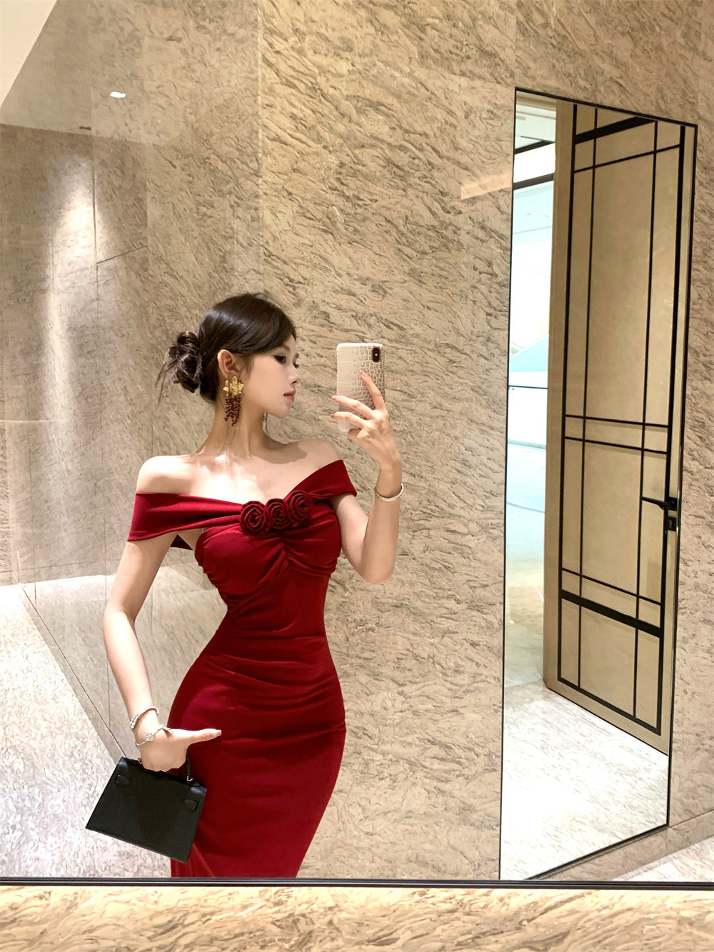 Alluring Red Off-Shoulder Bodycon High Slit Maxi Dress Charming 3D Flower Embellishment Sheath Long Dress AP2059