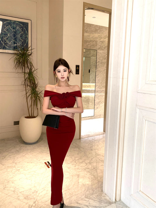Alluring Red Off-Shoulder Bodycon High Slit Maxi Dress Charming 3D Flower Embellishment Sheath Long Dress AP2059