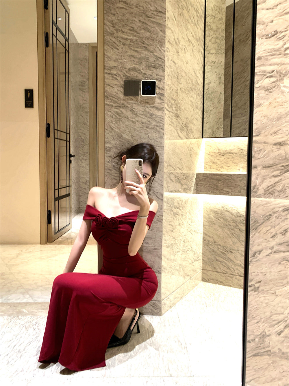 Alluring Red Off-Shoulder Bodycon High Slit Maxi Dress Charming 3D Flower Embellishment Sheath Long Dress AP2059