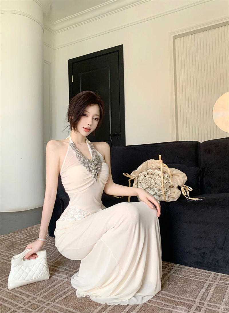 Exquisite Rhinestone Neckline Lace Details Maxi Dress Luxurious Ivory Mermaid Hem Draped Wasit Halter Long Dress AP2060