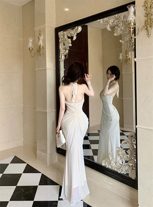 Exquisite Rhinestone Neckline Lace Details Maxi Dress Luxurious Ivory Mermaid Hem Draped Wasit Halter Long Dress AP2060