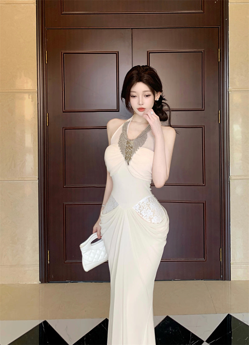 Exquisite Rhinestone Neckline Lace Details Maxi Dress Luxurious Ivory Mermaid Hem Draped Wasit Halter Long Dress AP2060